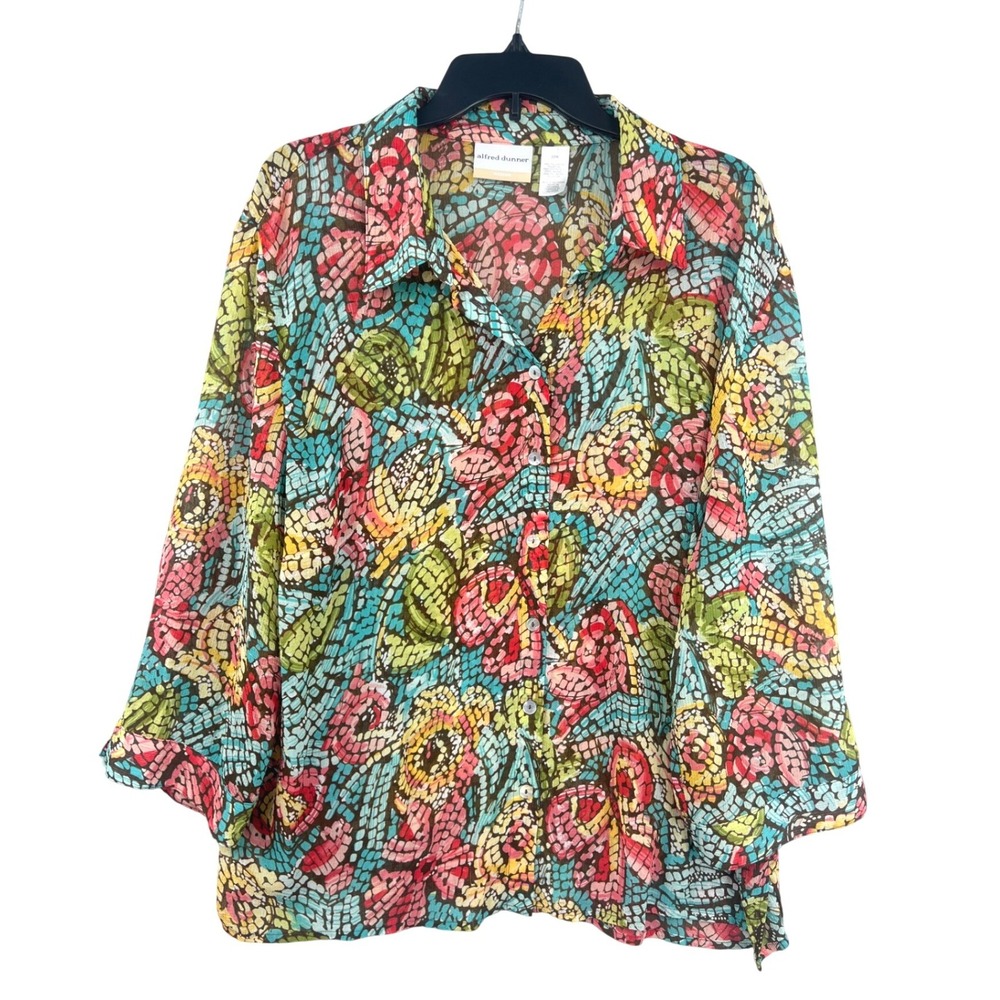 Alfred Dunner Floral Mosaic Button Down Shirt Womens 22W‎ Sheer Crinkle Artsy